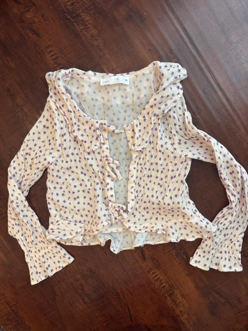 Zara - Kids Girls Cream Ruffle Tie-Front Top with Purple floral Print